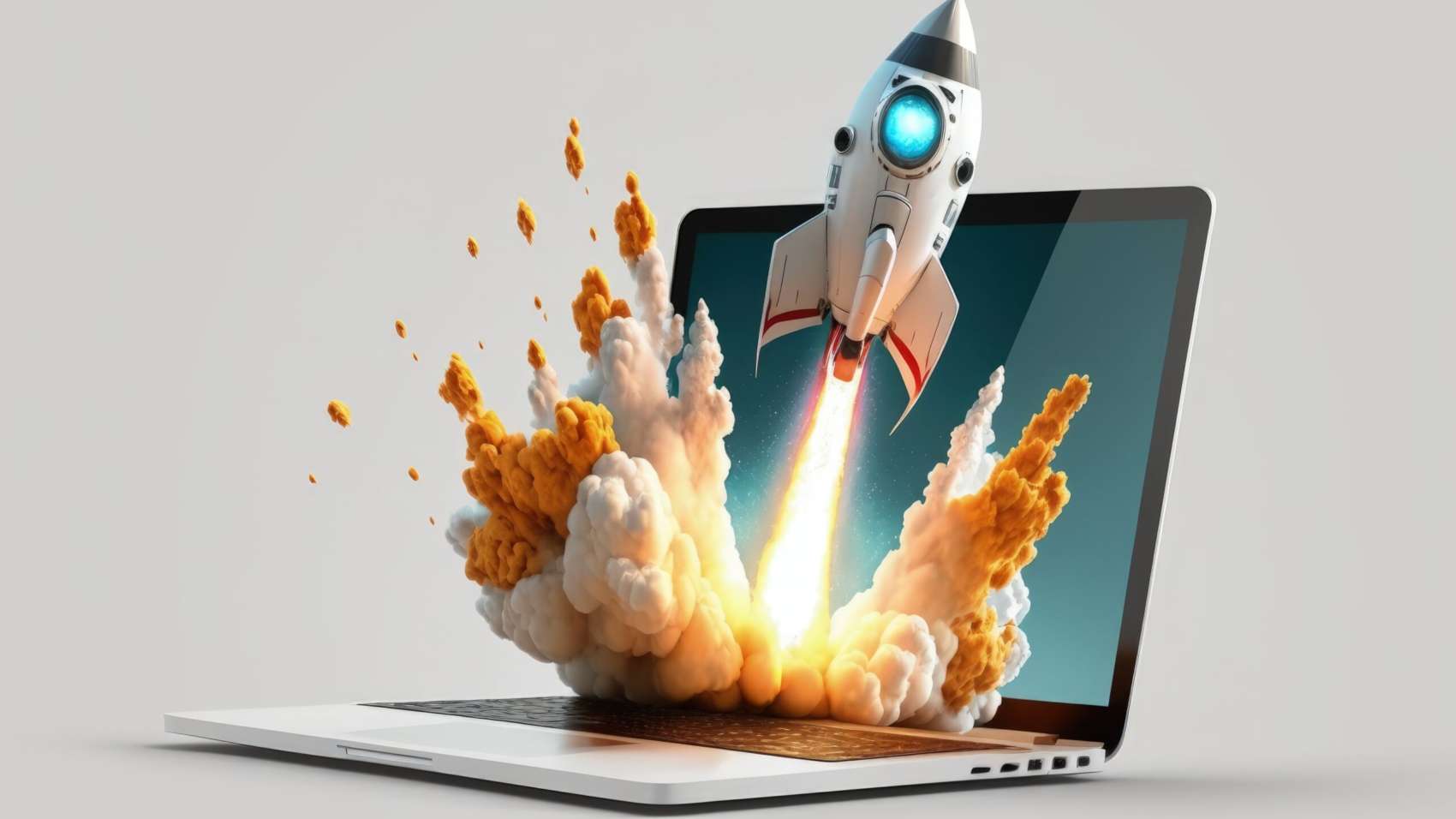 Rocket coming out of laptop screen, isolated on white background, Generative AI