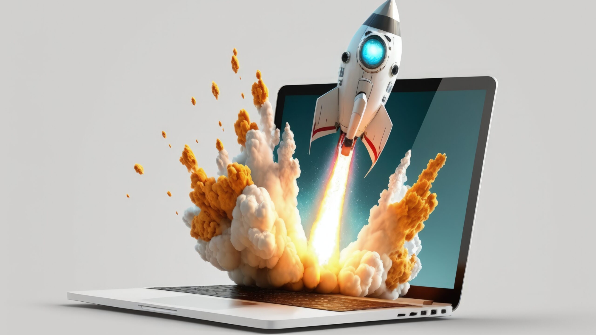 Rocket coming out of laptop screen, isolated on white background, Generative AI