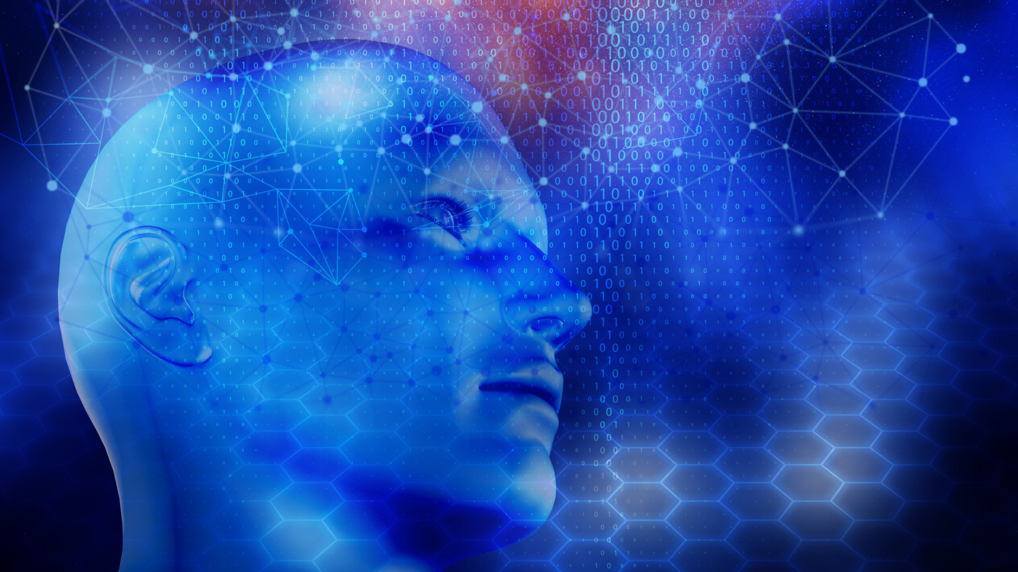 3D render of a modern technology background with connecting lines and dots and male head