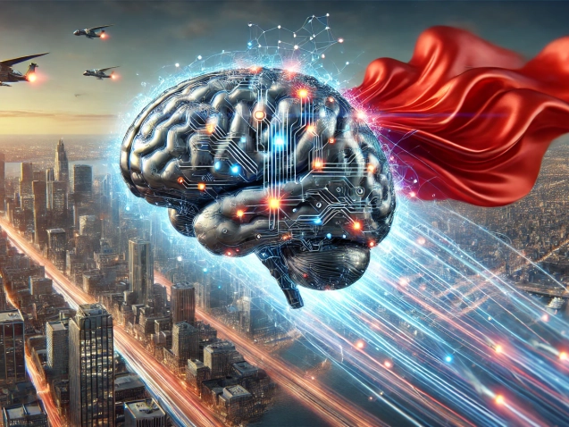 DALL·E 2024-06-21 15.25.22 - A detailed and realistic image of an artificial intelligence brain with a superhero cape. The brain should be metallic and futuristic, with glowing ci
