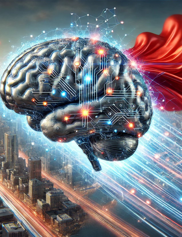 DALL·E 2024-06-21 15.25.22 - A detailed and realistic image of an artificial intelligence brain with a superhero cape. The brain should be metallic and futuristic, with glowing ci